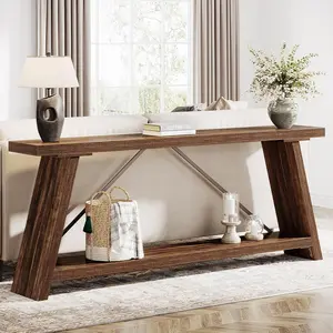 Tribesigns Extra Long Sofa Table - Industrial Console For Living Room, Hallway & More, Dark Walnut Brown