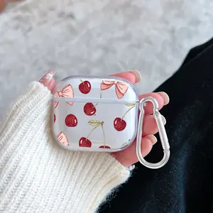 Cherry Bows Pattern TPU Soft Protective Case for Apple AirPods 4/3/2/1/Pro/Pro2 Transparent Earphone Cover with Keychain Attachment