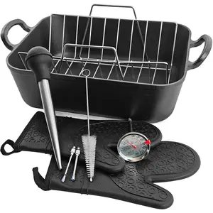 16x13" Roaster pan with rack(Cast iron)-Clad Specialty, Chef's Classic Rectangular Roaster with Rack (Meat Thermometer)