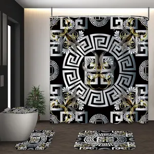 LVRLVR 4Pcs Black Gold Silver Greek Key Floral Print Luxury Glam Multi-Color Bathroom Shower Curtain Set 70.8×70.8 Inch