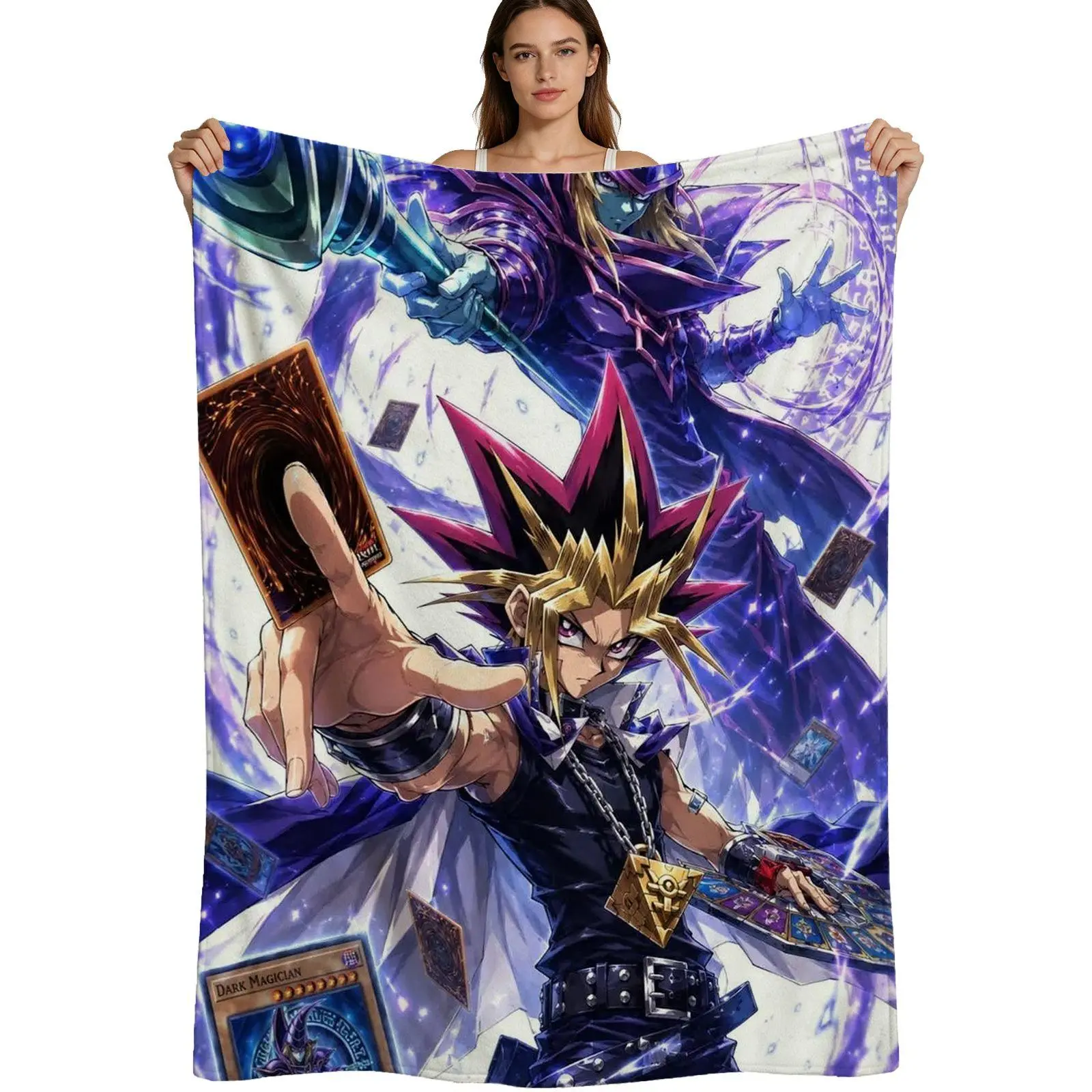 Anime Theme Warm Flannel Blanket - Yu-Gi-Oh Dark Magician & Yugi Muto Design, Soft Plush Fabric, Vibrant Prints, For Fans, Home Use, 4 Available Sizes, Single Pack