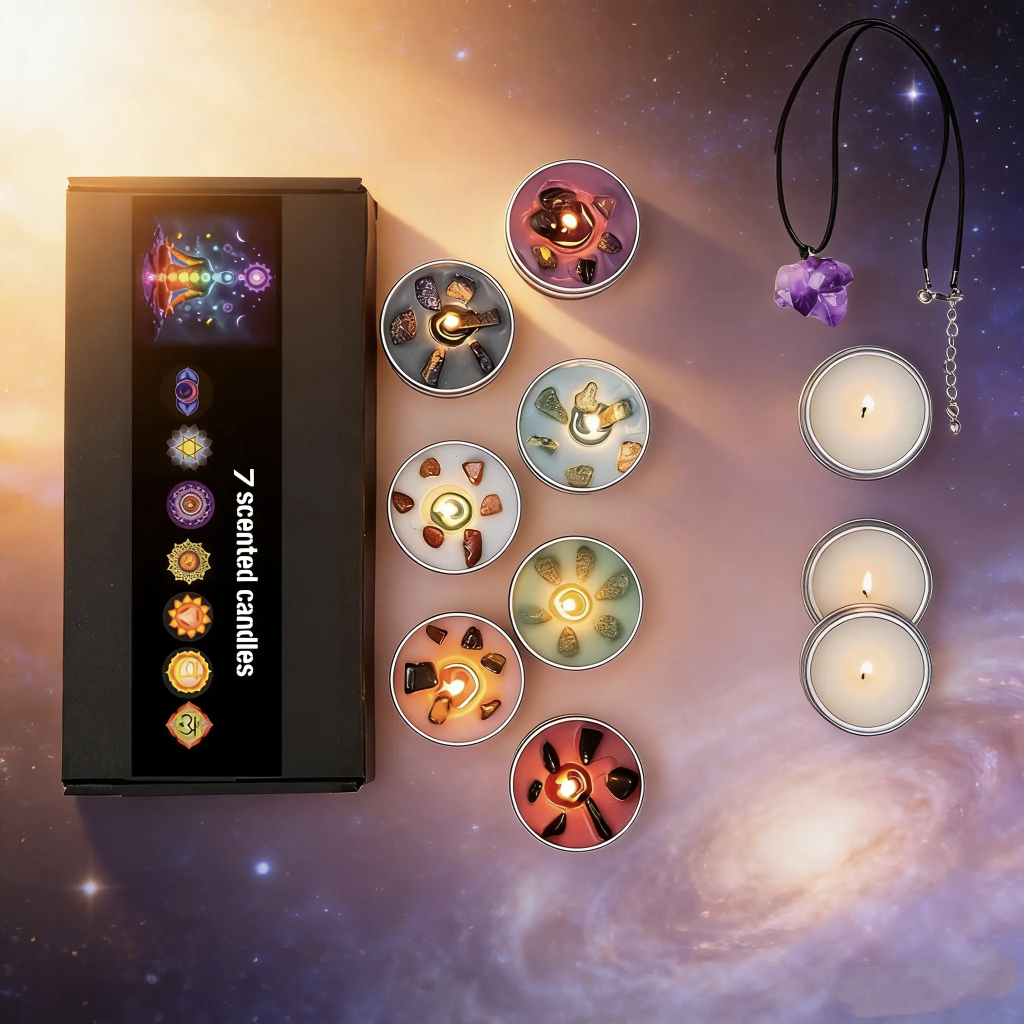 7 Pcs Chakra Crystal Scented Soy Candle Gift Set, Including Crystal Pendant, 7 Fragrances Tin Candles, Perfect for Yoga Meditation, Spiritual Relaxation, Christmas Halloween Decor, Ideal Gifts for Women & Men Home Decoration Kit