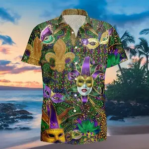 Mardi Gras Hawaiian Shirt Men Women Mask Beads Print Purple Gold Green Summer Beach Casual Streetwear Festival Party Vacation Sport Fan Gift Loose Fit Comfortable Cool