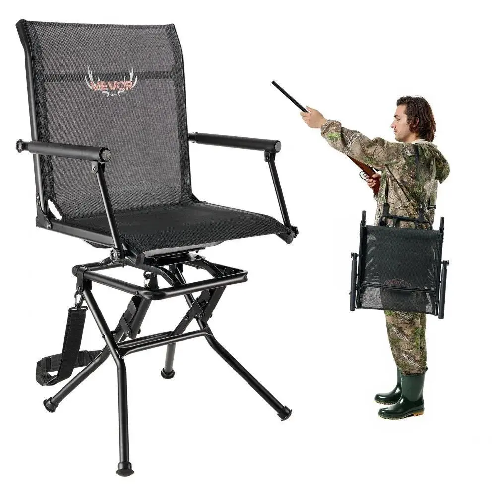 【Summerfinds】VEVOR Hunting Chair 360° Silent Swivel, Foldable Lightweight Portable Blind Chair, Heavy-Duty Steel Frame Ground Stool Seat, with Armrest, Adjustable Carry Strap, 300 Lbs Capacity for Fishing Camping