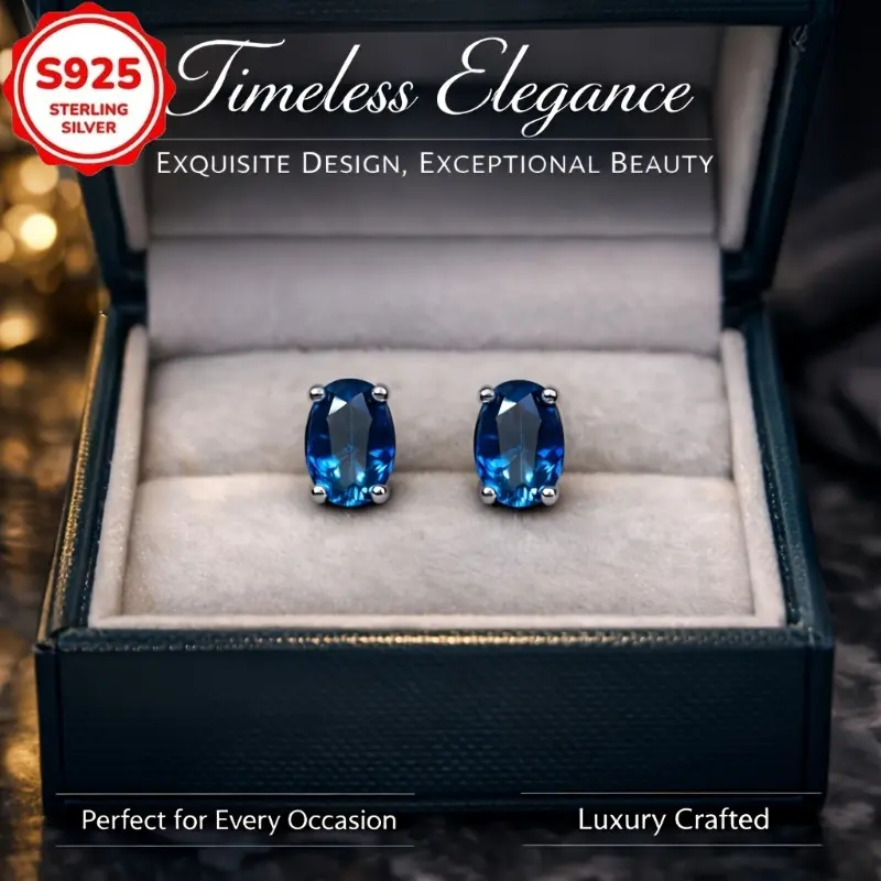 Women's 925 Sterling Silver Earrings - Natural London Blue Topaz Gemstones, Simple Elegant Design for Everyday Outfit Matching