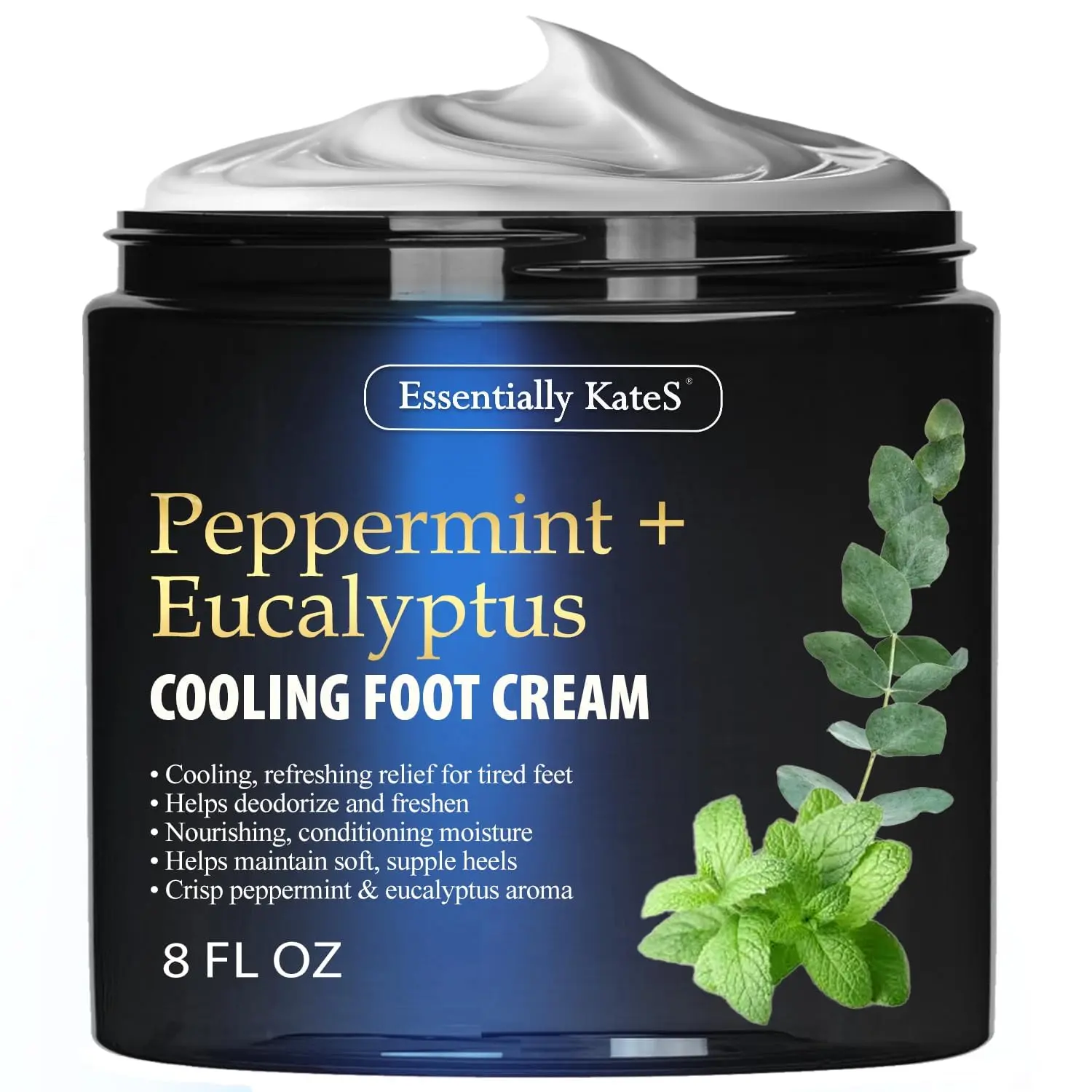 Essentially KateS Peppermint + Eucalyptus Cooling Foot Cream 8 Fl Oz – Relieves Dry, Cracked, Tired Feet – Deep Hydration with Ceramides – Non-Greasy Formula