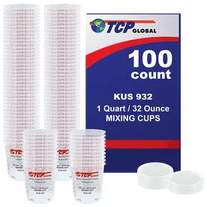 Custom Shop Box of 100 Mix Cups, Quart size, 32 ounce Volume Paint & Epoxy Mixing Cups - Mix Cups Are Calibrated with Multiple Mixing Ratios, Plus 12 Bonus Lids