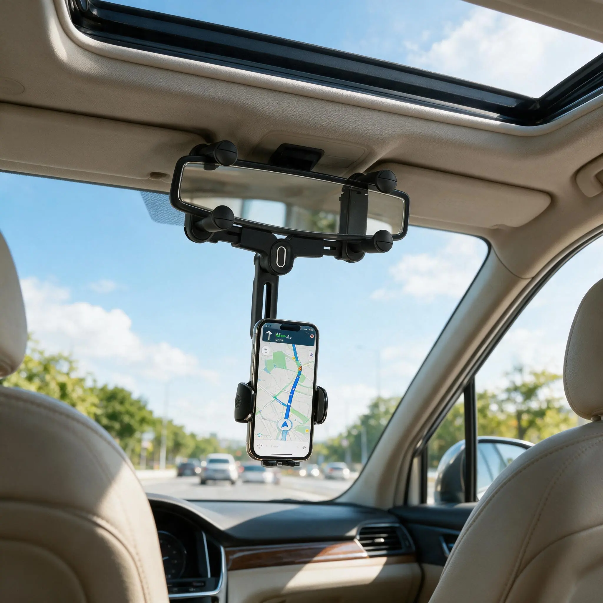 7th-Gen Plastic Rearview Mirror Cell Phone Mount - Quick-Install, Telescopic, 1-Hand Operation, Multi-Angle Rotating Universal Car Navigation Stand
