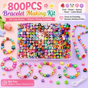 800PCS Polymer Clay Beads Bracelet Making Kit, 24 Style Cute Fruit Flower Animal Heart Charm Beads with Elastic String, Colorful DIY Jewelry Making Supplies for Girls Kids Teens Women, Friendship Bracelets Necklaces Earrings Birthday Gift