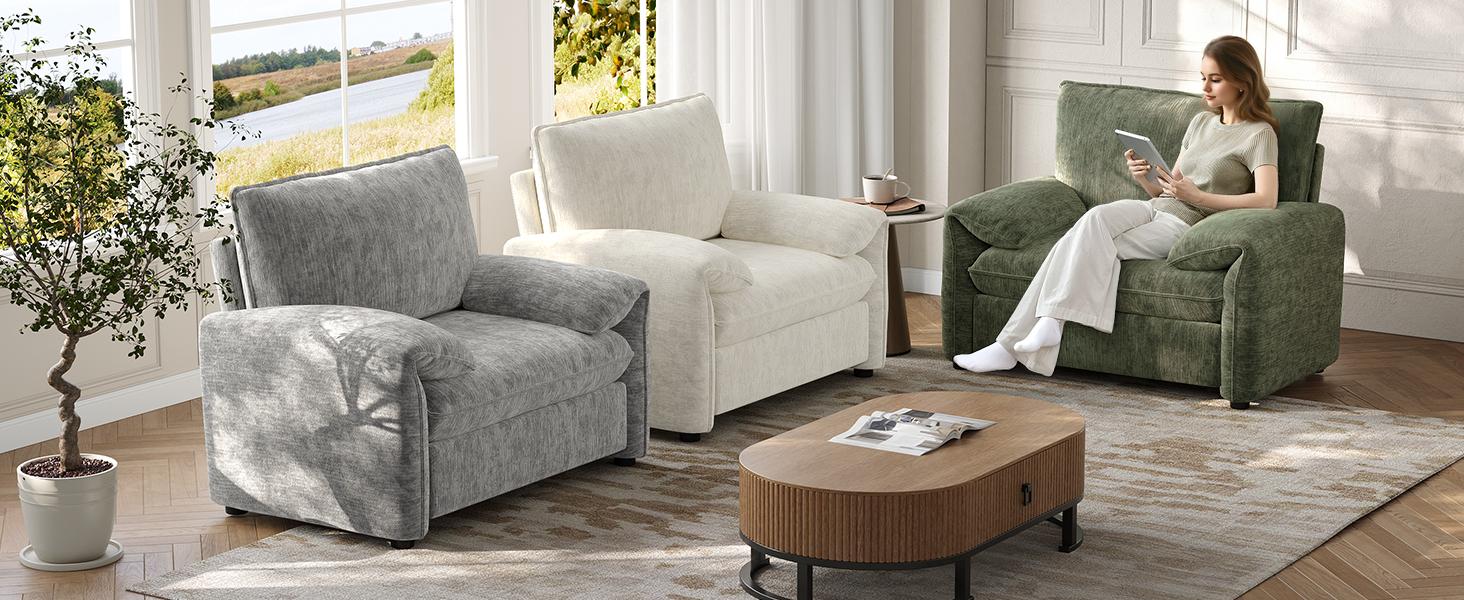 【BackToSchool】ONBRILL Oversized Accent Chair, 41 Inch Chenille Fabric Armchair, Comfy Single Sofa Chair with Padded Arms, Pocket Spring Cushion, Modern Reading Chair for Living Room, Bedroom Furniture BackToSchool