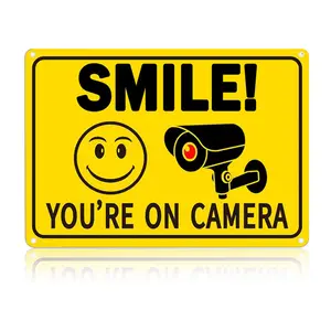 Smile! You’re On Camera Signs, 8x12 Inch Funny Security Signs with Smile Face & Camera Icon, Rust-Free Aluminum, UV Printed & Weatherproof Surveillance Signs for Business, Home, Office