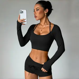 Hijesse ladies' sports long-sleeved shirt with round neck and long-sleeved T-shirt cuffs with thumb holes, sling neck design, soft, comfortable and slim fabric suitable for exercise, fitness, dancing, cycling, yoga, running and daily commuting.