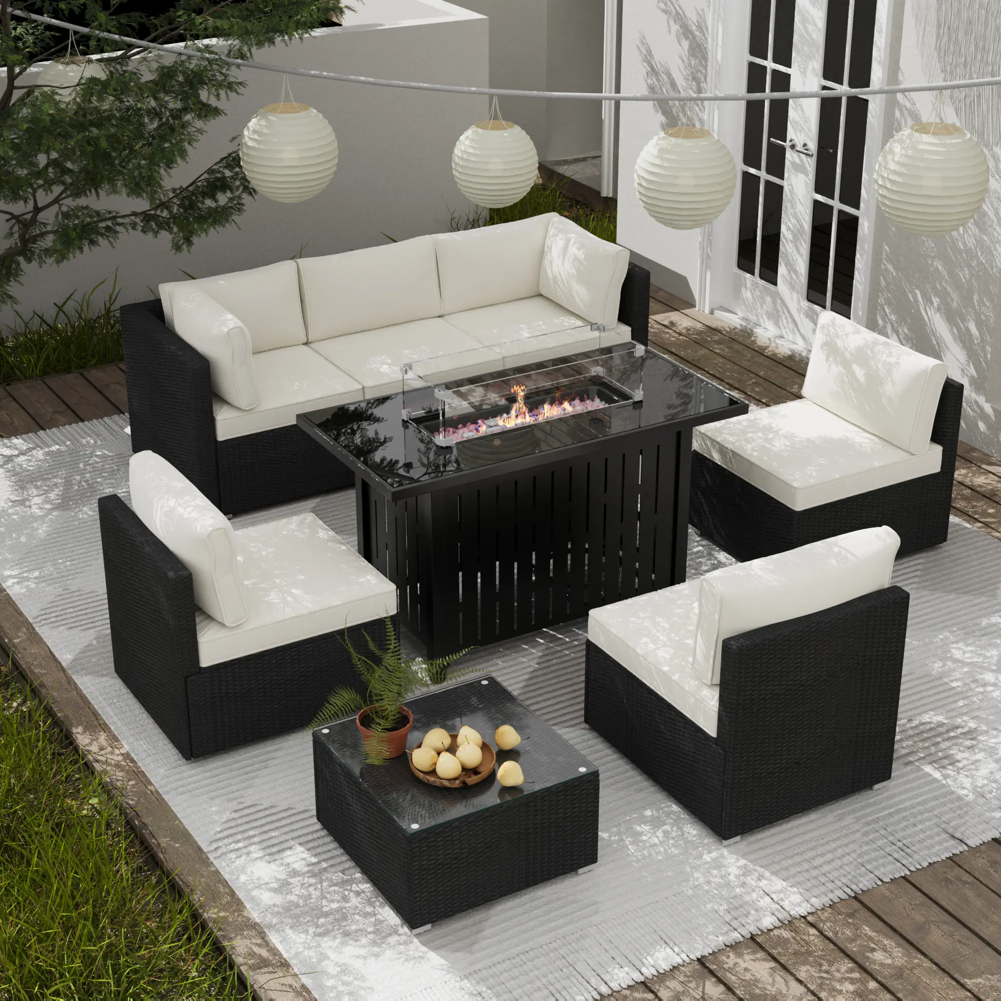 NAGA BAHNA 8 Piece All-Weather Patio Furniture Set with 43” Fire Pit Table Wicker Rattan Outdoor Sectional Sofa Set with Coffee Table and Thickened Cushions porch furniture Wicker Modern Conversation Furniture Set outdoor furni tur outdoor wicker sofa
