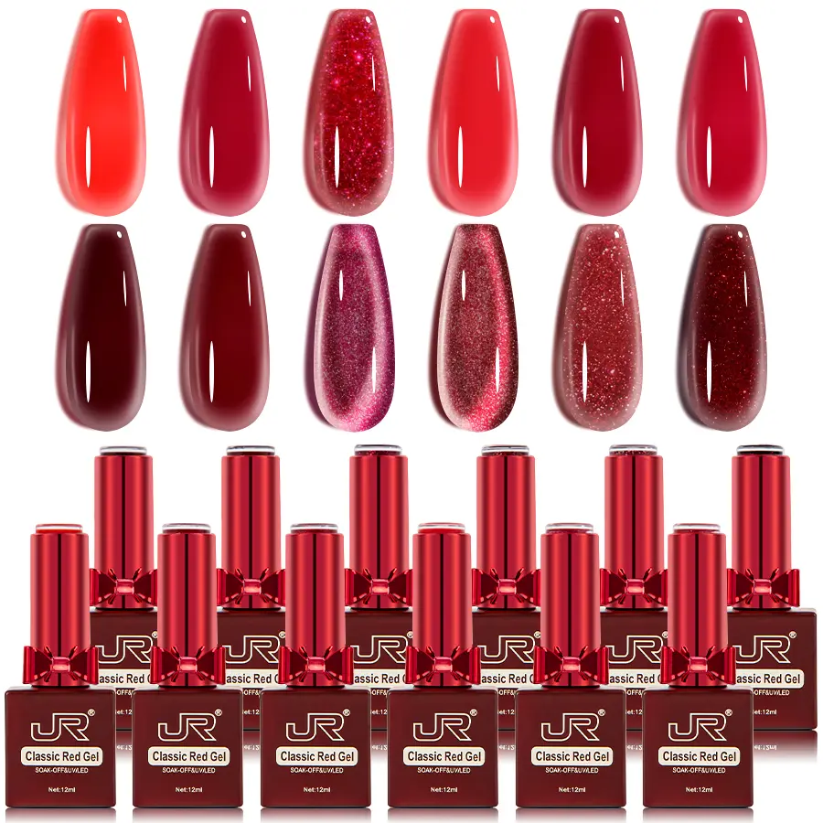 JR Gel Polish 12PCS Cat Eye Gel Nail Polish Kit, HEMA-Free 12ml Gel Set, Cherry Red Shades, Long-Lasting High Shine, Glossy & Matte Top Coat Included, Gift for Women
