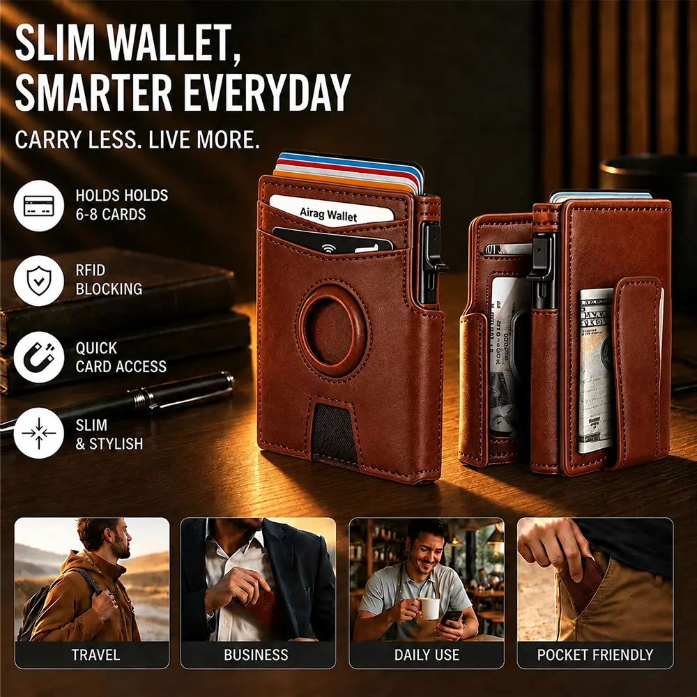 Premium Full Grain Leather RFID Blocking Pop Up Wallet For Men, Aluminum Bifold Credit Card Holder With Money Clip, ID Window, Holds 8-12 Cards, Minimalist Card Organizer For Daily Use