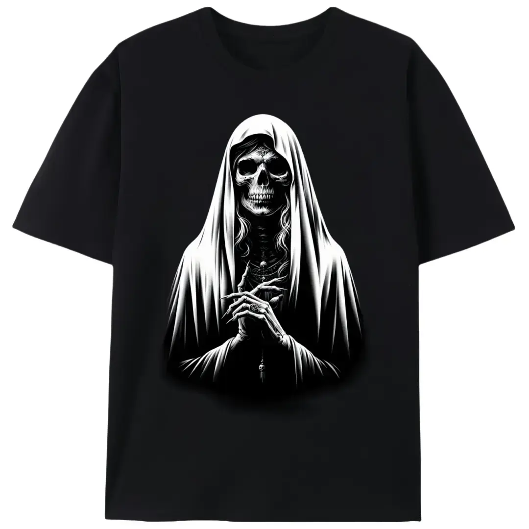 Gothic Praying Nun Skull T-Shirt |     Praying Skeleton Graphic |     Dark Art Graphic Tee for Men & Women |     Edgy Subculture Streetwear Top project denti hoodie Casual Breathable