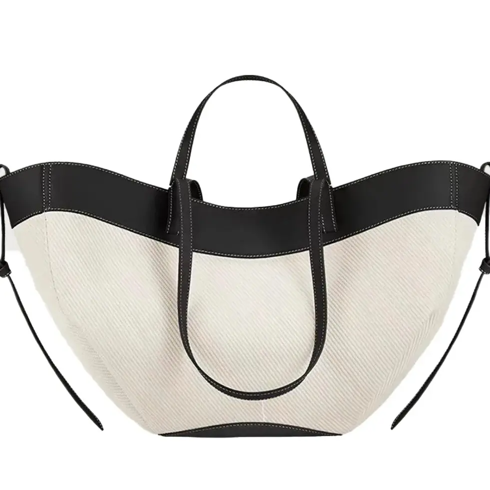 Two-Tone Half-Moon Tote Canvas & Vegan Leather - Large Bag with Dust Bag & Pouch for Everyday Use