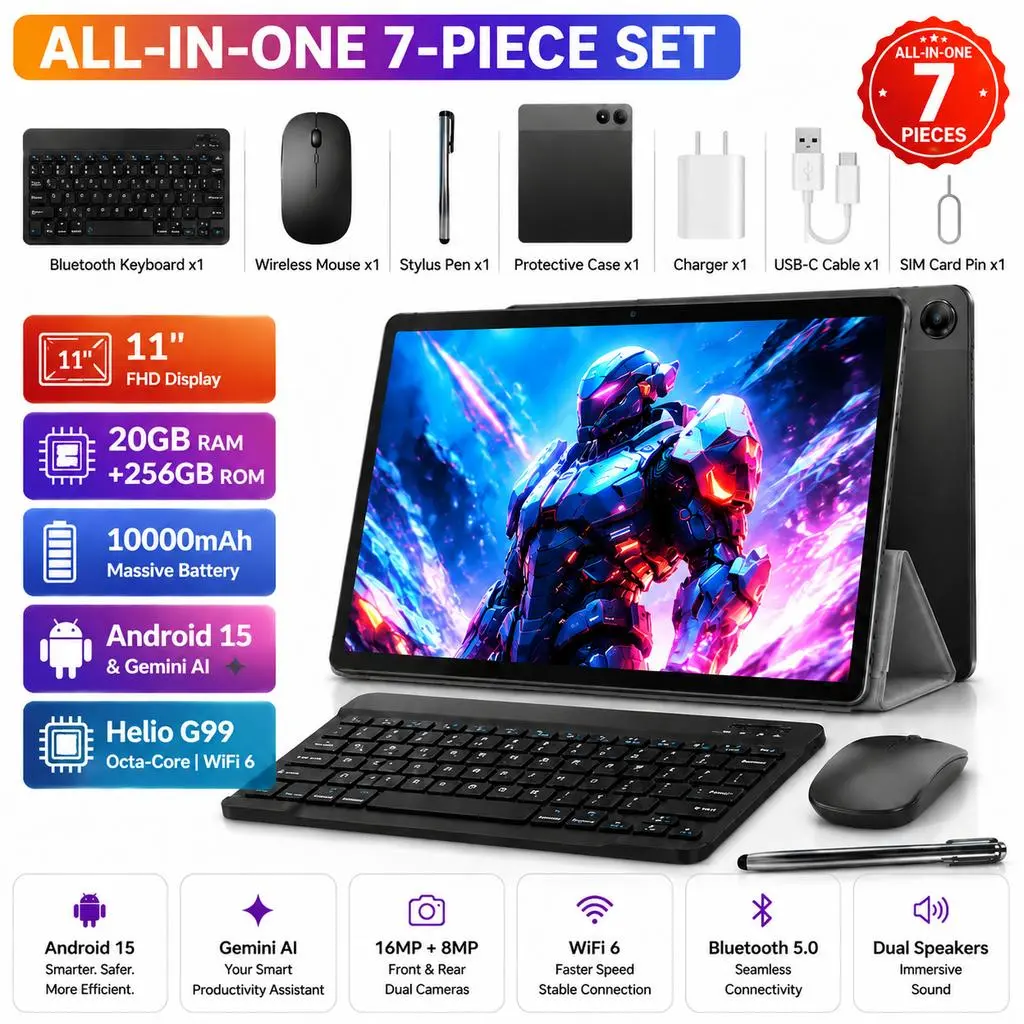 11-inch Android 15  SIM-enabled calling Tablet Bundle with Keyboard, Mouse, Silicone Case & Stylus, 20GB RAM+256GB+2TB Storage, 10000mAh Battery, Gemini AI 3.0, Helio G99 8-Core, 60Hz （1920×1200）, WiFi 6,  Multi-satellite positioning  for School, Work
