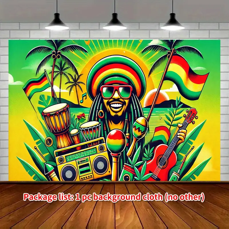 1pc Soft Stain-Resistant White Durable Polyester Reggae Theme Backdrop (243.84x182.88cm) - Glam Tropical Beach Scene with Artist, Musical Instruments, Palm Trees, Floral Accents - Machine Washable Indoor/Outdoor Party Banner for Studio Decor, Music Lovers