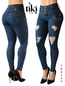 TIKI JEANS Colombianos High Waist Push-up Skinny Distressed, Dark Blue Skinny, Levanta Cola, Fashion Comfort Casual Skinny Denim Pants, Summer Jeans for women, Going out outfits, Stretchy, Back Pockets
