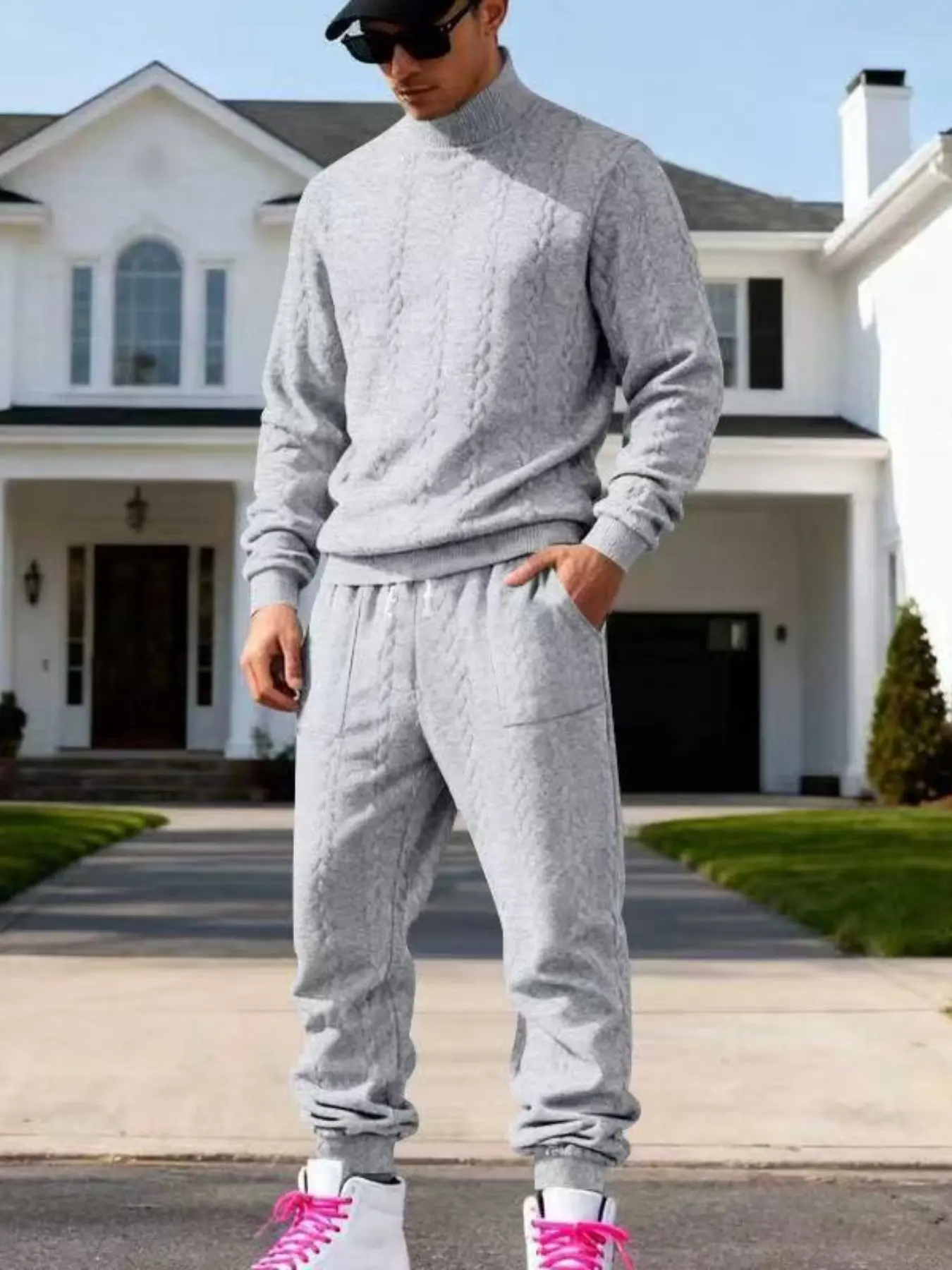 fall outfits Men's autumn and winter knitted high-neck sweatshirt + tapered large pocket sweatpants set, comfortable, skin-friendly and warm, a versatile tool that can be easily worn for daily casual wear or going out