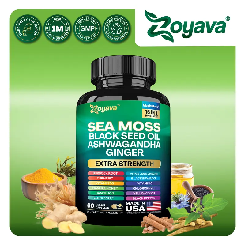 Zoyava Sea Moss Supplement - All-in-One Multivitamin with Black Seed Oil, Ashwagandha & 15+ Extra Strength Ingredients - 60 Capsules - MADE IN USA