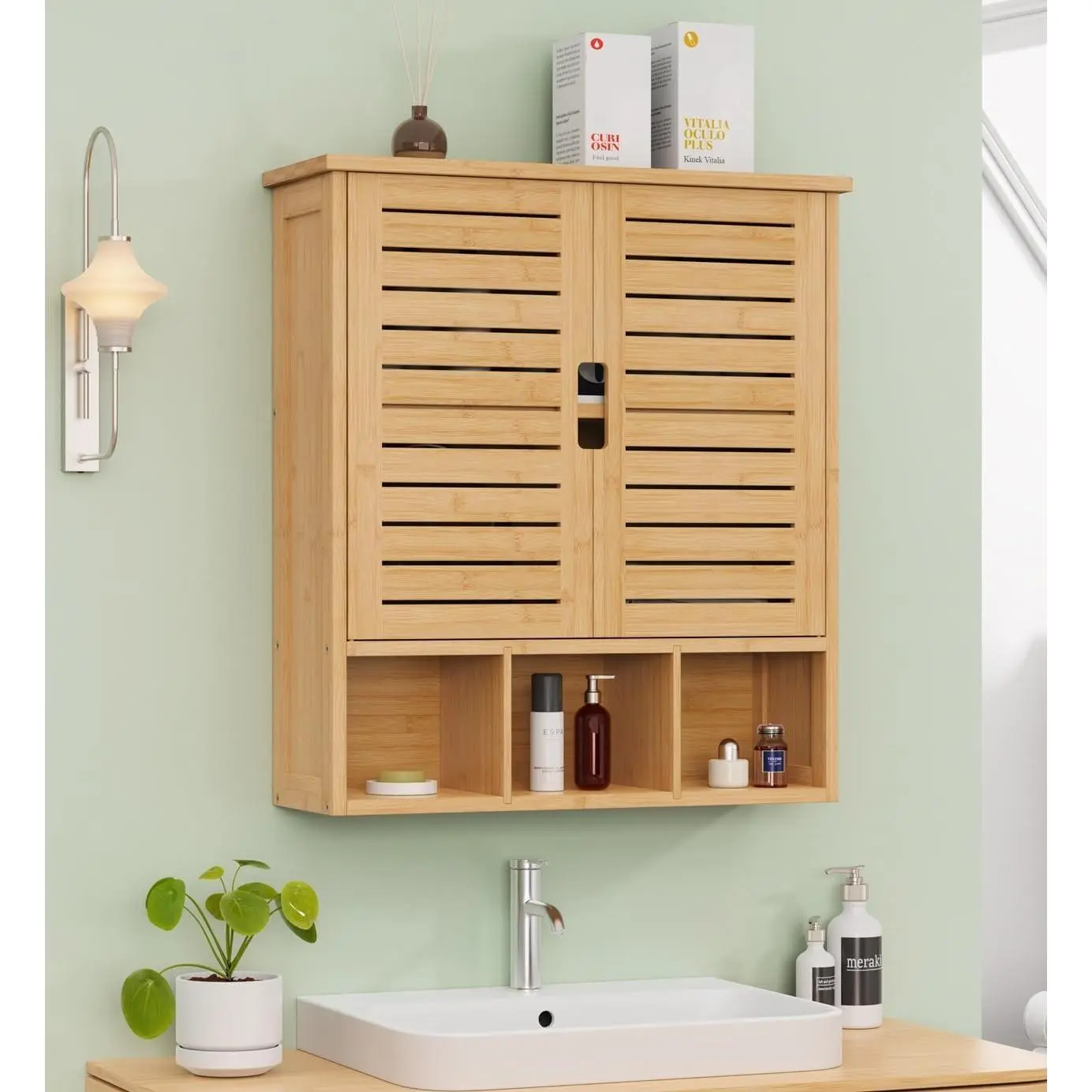 Bathroom Wall Cabinet, Bamboo Medicine Cabinet Wall Mounted with 2 Doors & Adjustable Shelf, Over The Toilet Storage Cabinet for Bathroom Laundry Room Kitchen (Natural)