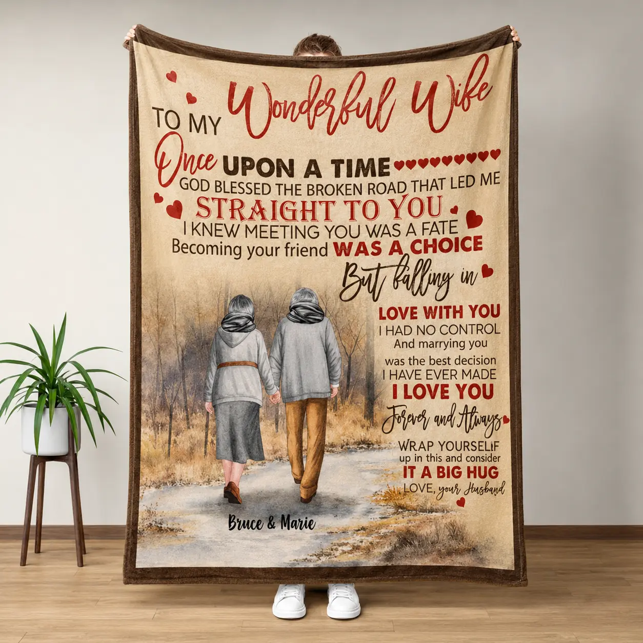 Custom Couple Names Valentine Gift for Wife Flannel Blanket | Personalized Anniversary Old Couple Bedroom Decor Throw | Soft Cozy Warm Christmas Present