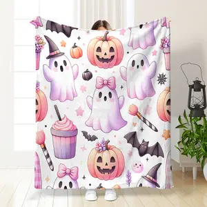 Halloween Ghost, Pumpkin, Dessert, Bat Blanket, Soft and Comfortable Blanket, Suitable for Home Office Travel Camping, Warm Nap Blanket, Fashionable, Soft, Warm, Suitable for All Seasons Multifunctional Gift Printed Blanket, Soft Throw Blanket
