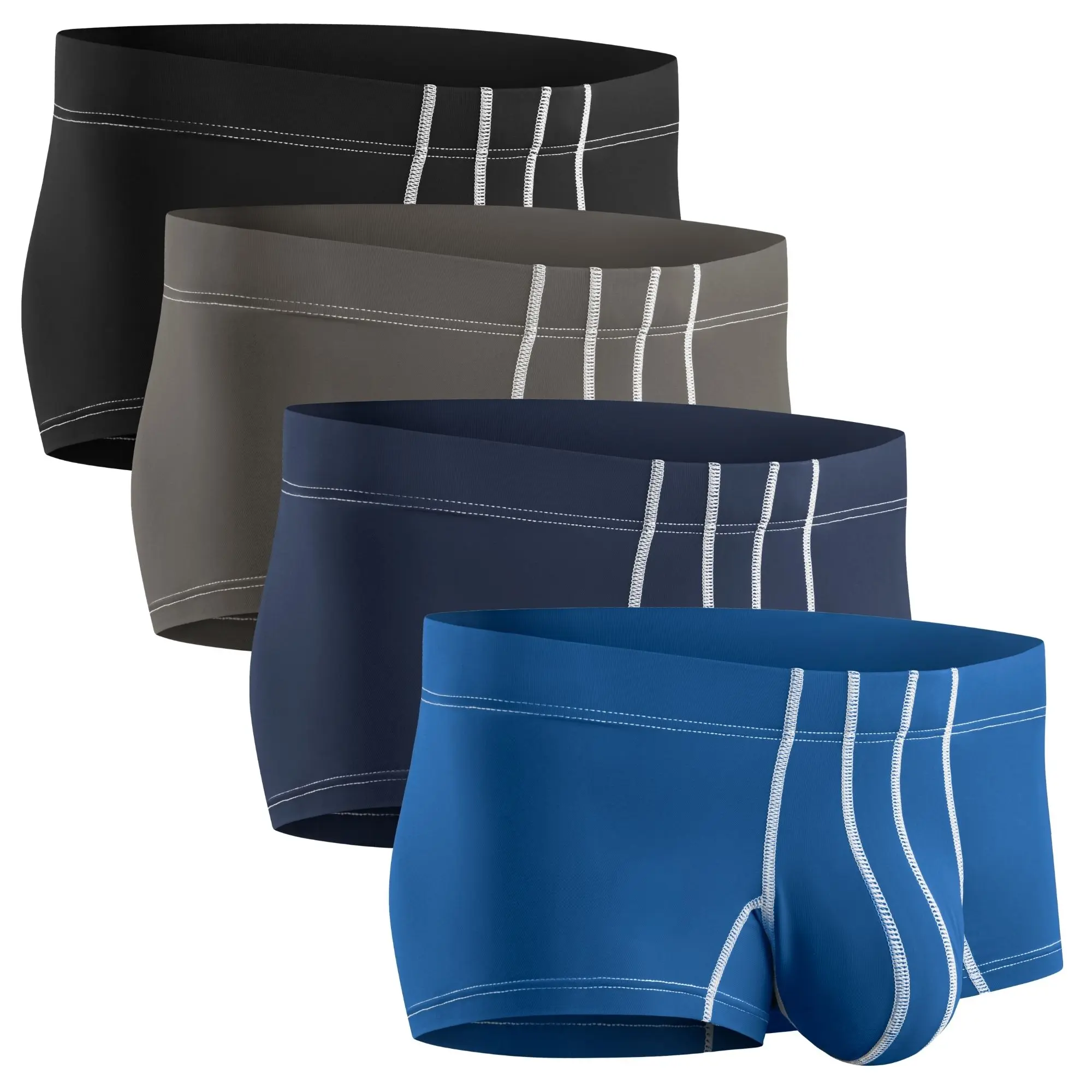 3 inch Nylon Boxer Briefs A B C or D Pouch 4 pack Black/Dark Blue/Blue/Grey Clothes Menswear Ball Big Underwear Sexy Stretchy Straight Sweat, Men's Underwear, No-Roll Waistband Stays Comfy