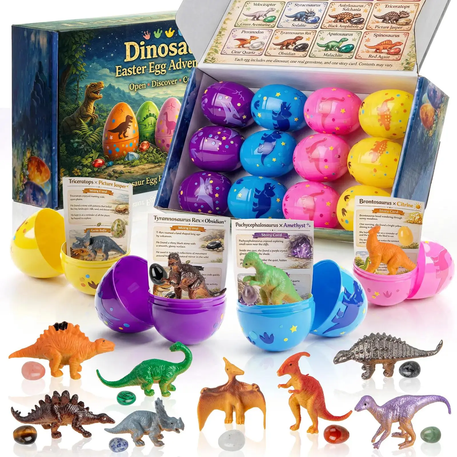 Easter Egg Hunt Surprise for Kids, 12 Pre-filled Easter Eggs with Gemstone Crystals & Jewelry Set, Basket Stuffers Supplies for Holiday Party Favors & Celebrations Colorful Gradient Dragon Statue
