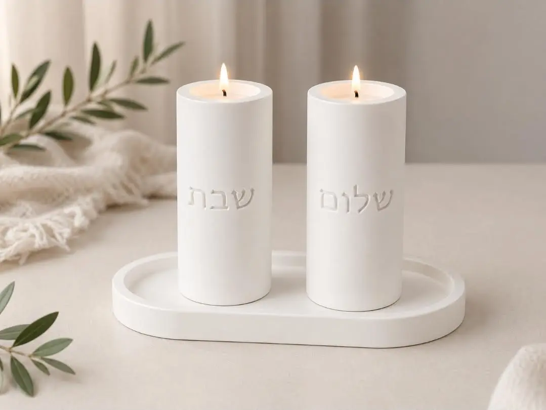 Luxury Shabbat candle holder set with tray | handmade stone decor | Holystonestudio