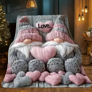 Pink and Blue Heart Gnome Flannel Blanket - All-Season Comfortable Throw Blanket with Cute Gnome Design, Pink and Gray Hearts - Digitally Printed Bedding, Suitable for Sofa, Bed, Travel, Camping - Charming Home Decor Valentine's Day Gift