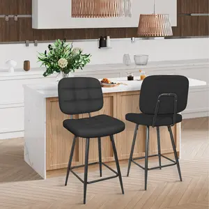 Modern Bar Stools, Set of 2, 24 Inch Double Needle Upholstered Barstools with Back and Footrest, Metal Base Bar Chairs for Dining Room Counter Island