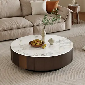 35.5" Modern Round Coffee Table with Drawers, Glossy White Sintered Stone Table top, Brown Solid Wood Coffee Table for Livingroom