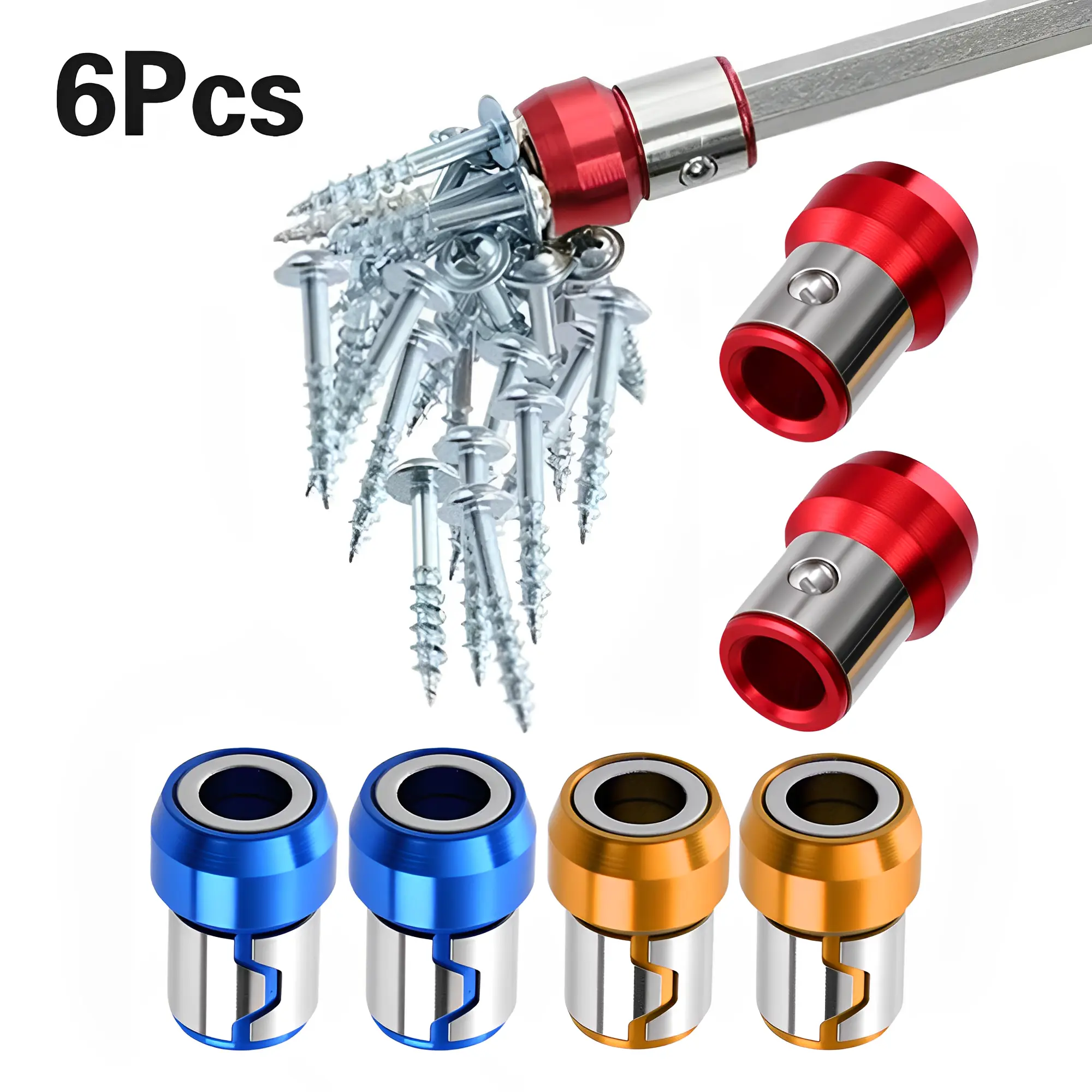 6 Pcs Universal Magnetic Screw Ring Magnetizer - 1/4 Inch (6.35 mm) Removable Ring for Hex Tools, Magnetic Holder Bits, Power Tool Bits, Lock, Furniture Assembly, Hinge Installation