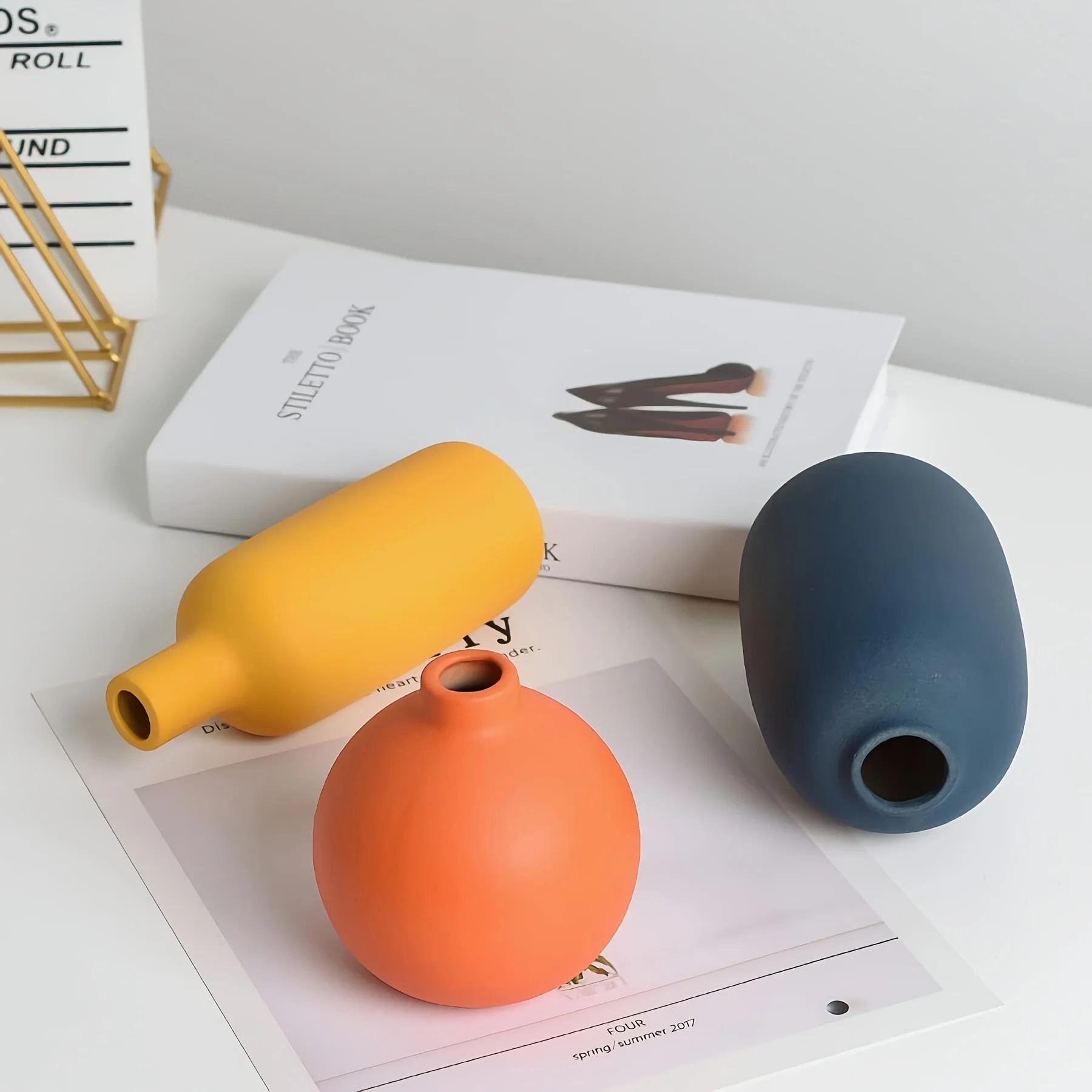 3pcs Modern Bohemian Minimalist Ceramic Vases Multi-Color Decorative Round Vases for Living Room Shelves Table Tops Bookcases