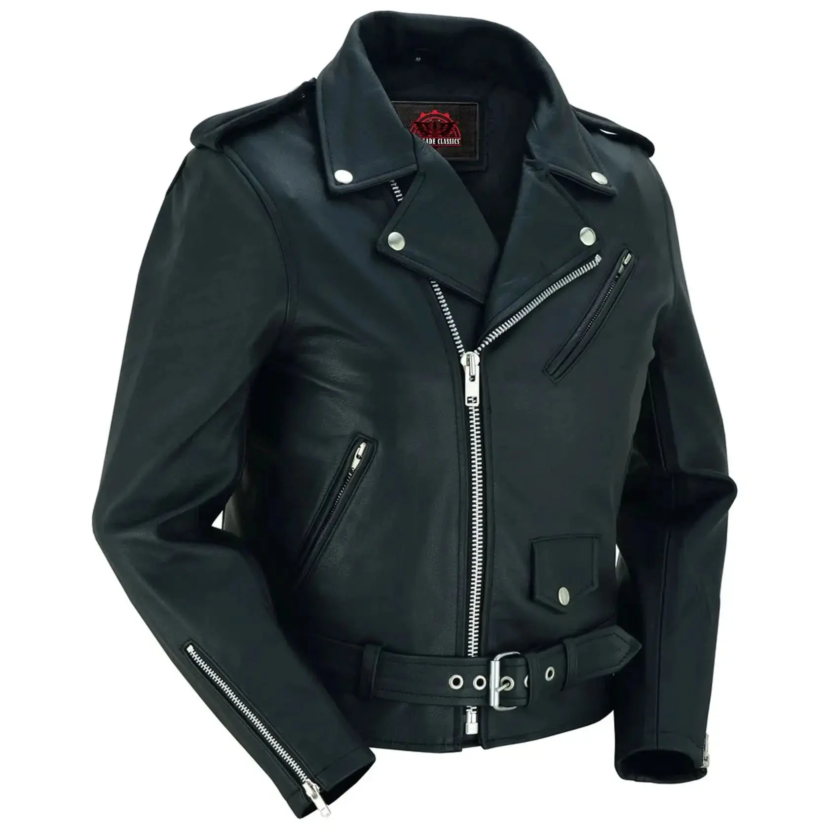 RENEGADE CLASSICS Women's Classic Leather Biker Jacket, Lightweight Soft Goat Skin with a Snap Down Collar, Zipper Pockets, and Belt Buckle