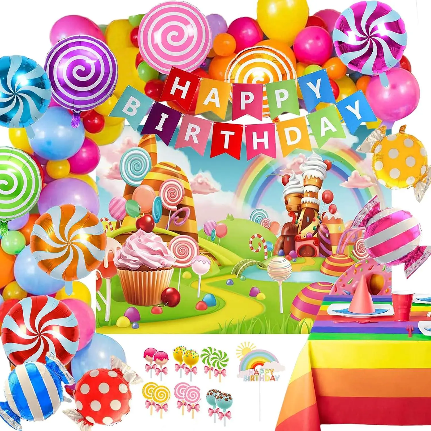 124Pcs Candyland Party Decorations For Girl Boy Lollipop Birthday Party Supplies Candyland Backdrop And Candy Balloon Garland Kit
