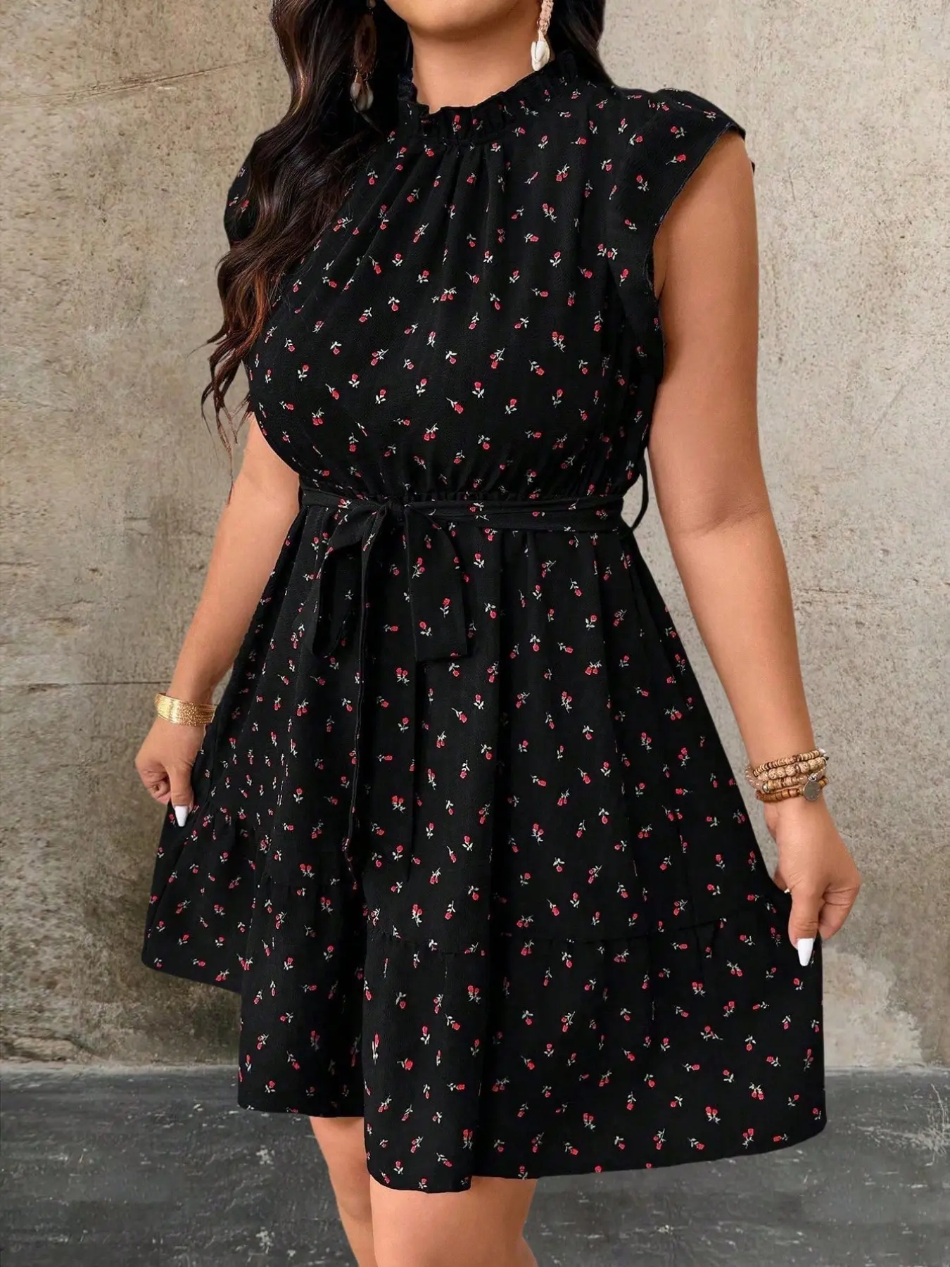 Women's Plus Size Floral Print Dress Ruffle Mock Neck A-Line Short Dresses Tie Waist Tiered Flowy Casual Summer Vacation Boho Bohemian Party Trendy Ruffled Casual Wear Womenswear Boho Fashion Dress