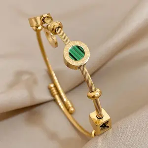 StainlessSteelMalachiteRomanLettersCharmBanglesBraceletsforWomenGoldColorWaterproofWristJewelryGift