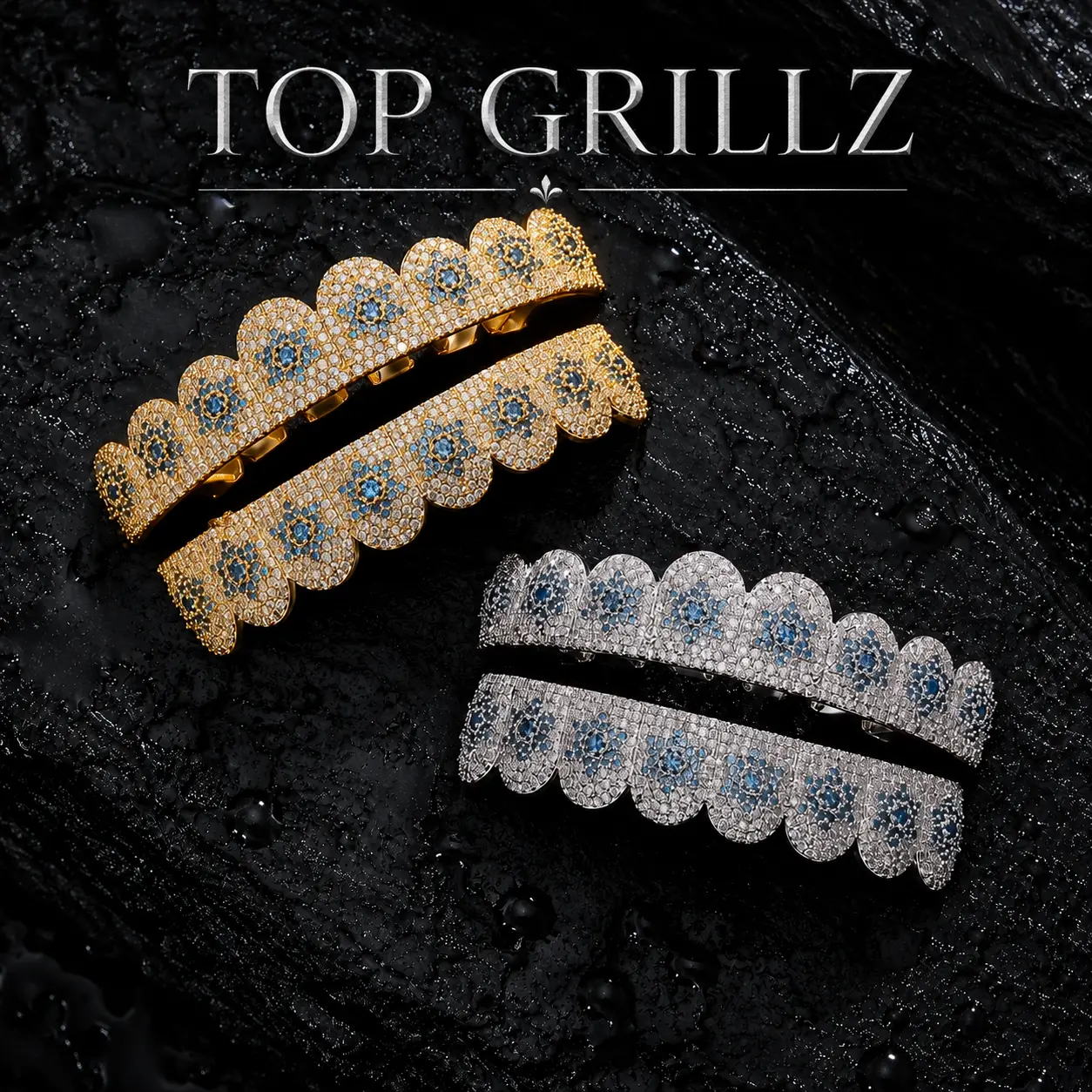 Silver T.O.P Grillz, Blue Hexagram Design - Unisex Hip-Hop Rapper Costume Body Jewelry Accessory