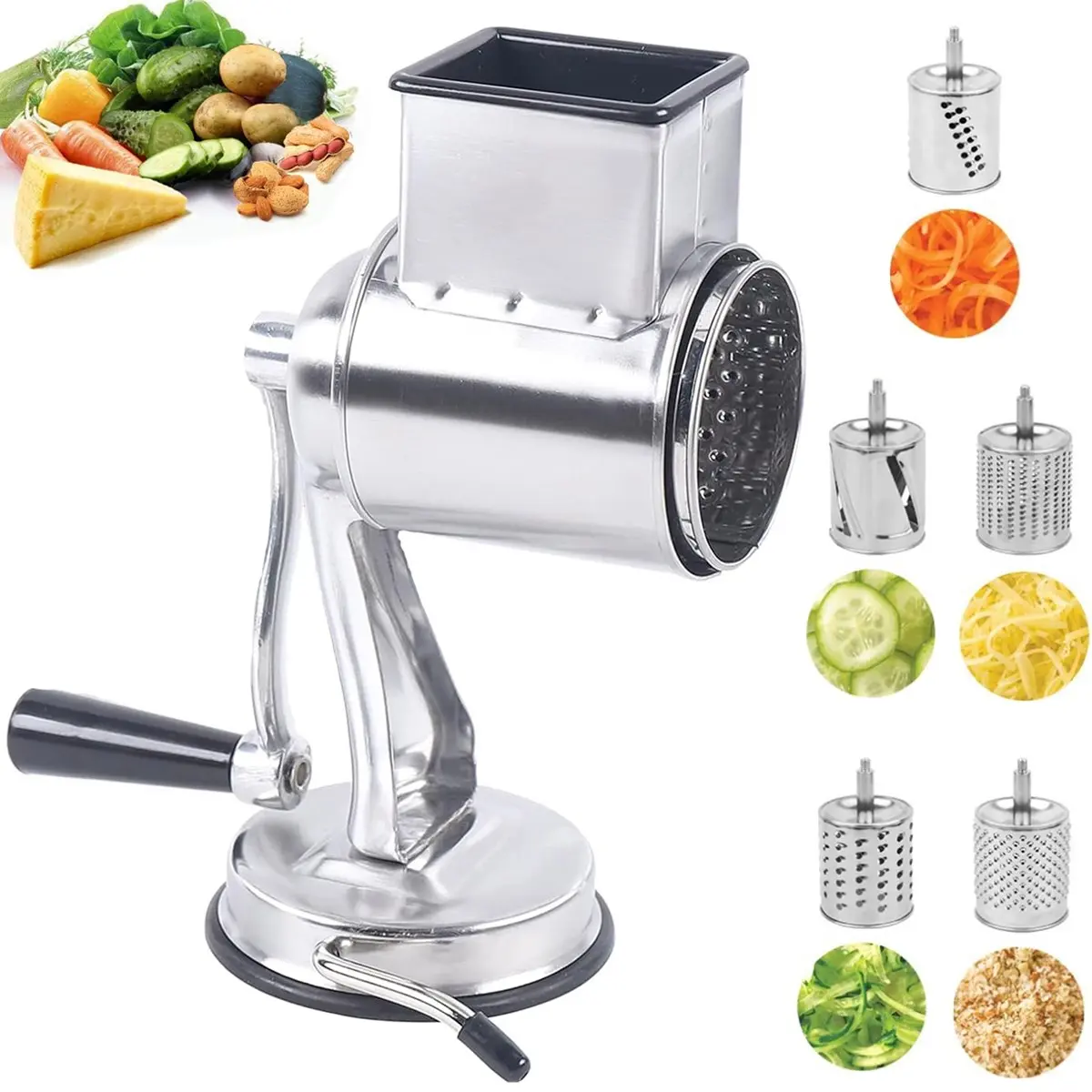 Stainless Steel Rotary Cheese Grater Hand Drum Slicer Crank Vegetable Chopper Manual Multi-Functional With Strong-Hold Suction Cup Base