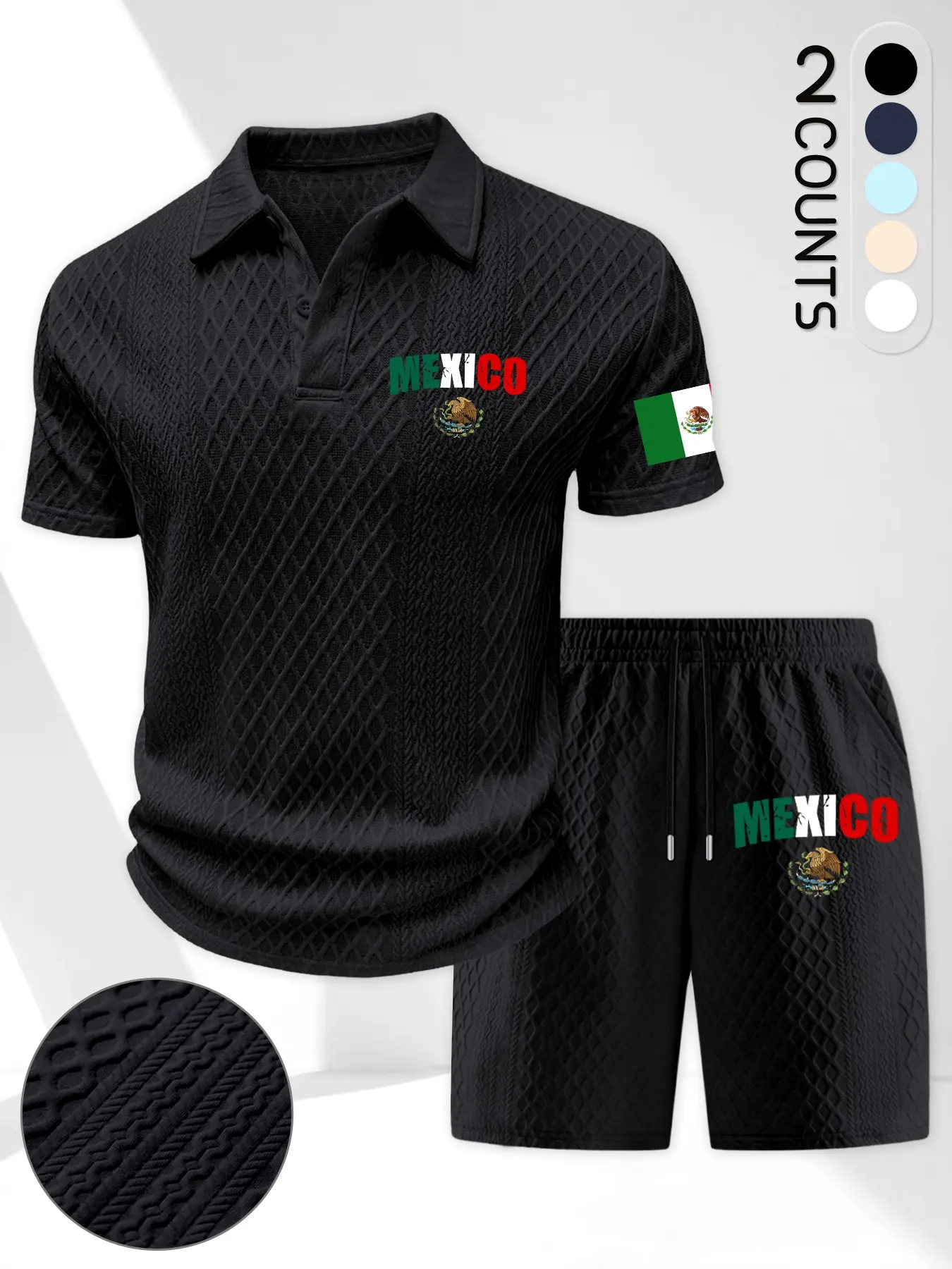 Men's Summer Set Textured Short Sleeve Collared Polo Shirt + Casual Shorts, Trendy Mexican Flag Print Menswear 2-Piece Set, Perfect Gift for Patriotic Men