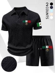 Men's Summer Set Textured Short Sleeve Polo Shirt + Casual Shorts, Trendy Mexican Flag Print 2-Piece Set, Perfect Gift for Patriotic Men