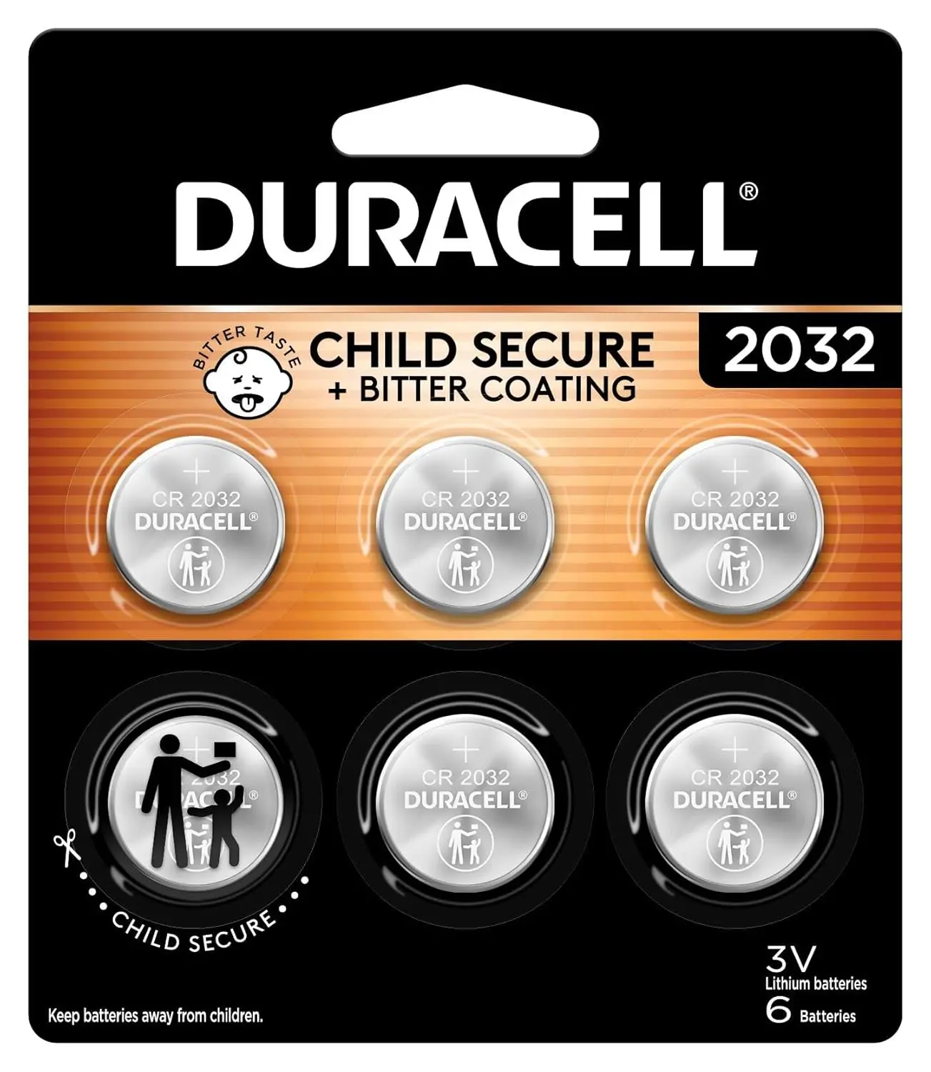 Duracell 2032 Lithium Battery, 6 Count (Pack of 1), Child Safety Features, Compatible with Key Fob, Tea Light Candles and Other Devices, CR2032 Battery