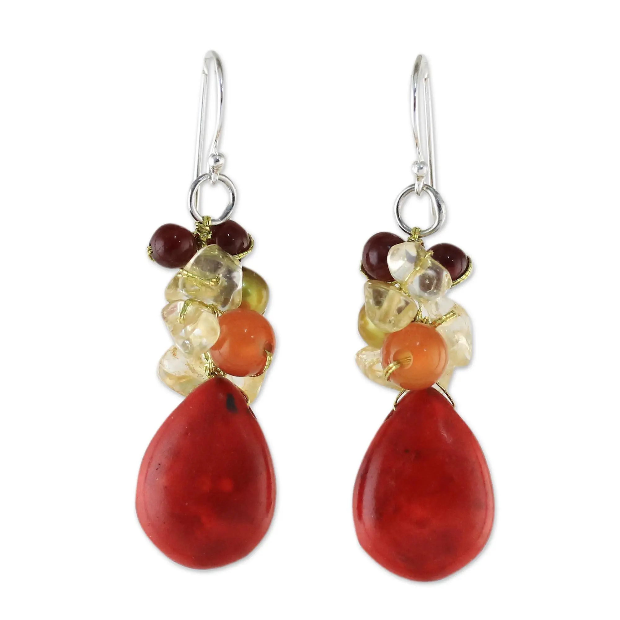 Novica Artisan Handmade Multigemstone Dangle Earrings Red Calcite From Thailand Sterling Silver Chalcedony Quartz Pearl Freshwater Cultured Multicolor Cluster Birthstone [1.8 In L X 0.5 In W] '