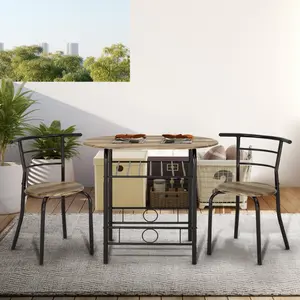 3-Piece Dining Table Set for 2, Kitchen Table and Chair Set with Tabletop & PVC Veneer, Compact Dining Table Set with Metal Frame and Built-in Rack, Space-Saving Design for Small Kitchens, Apartments, Breakfast Nook, Drift Brown