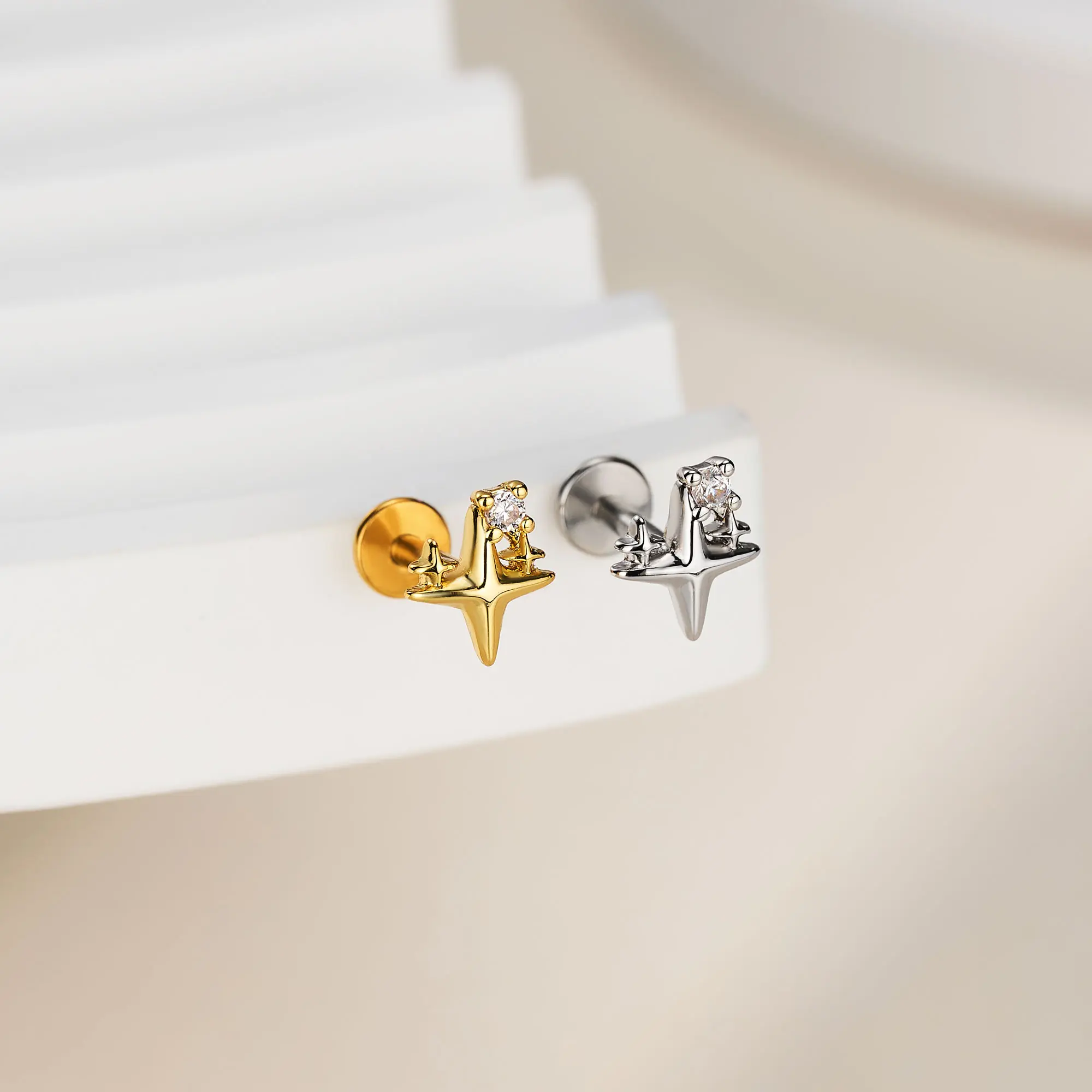 OUFER Women's 16G Starburst Internally Threaded Flat Back Cartilage Helix Stud Earrings for Women