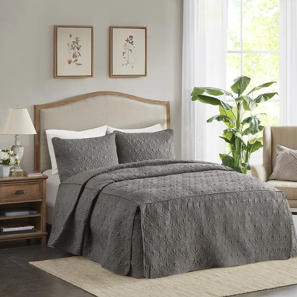 Madison Park Queen-Size Fitted Bedspread - Dark Grey, 100% Polyester, Quilted Texture, Home Decor, Bedroom Use